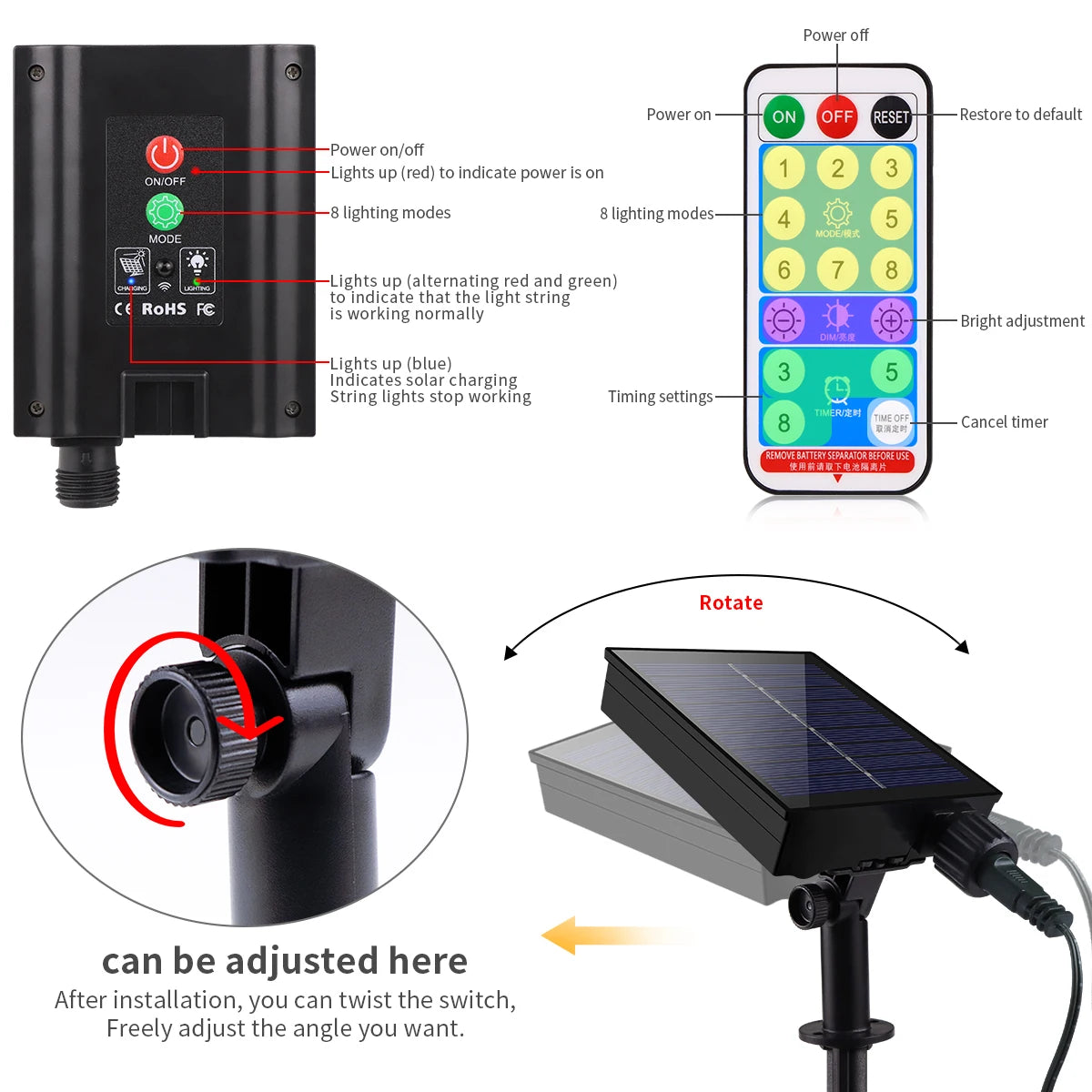Nuo saulės baterijos veikiančios lauko LED lemputės 50m šviesos grandinė, skirta Kalėdų , atostogų ,sodo medžio dekorui, atsparios vandeniui.
