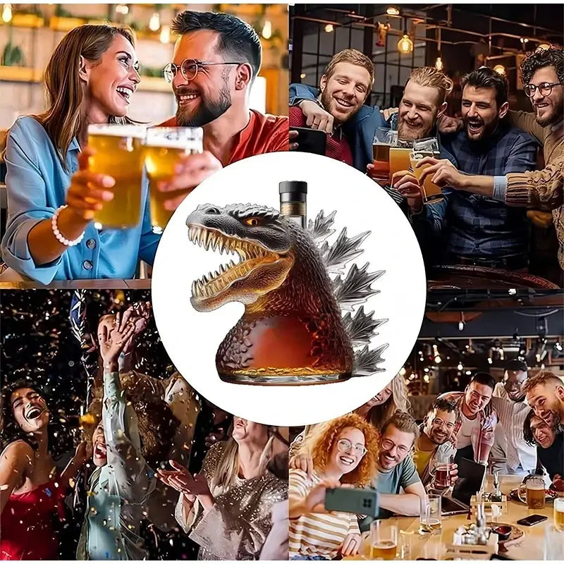 330 ml viskio grafino butelis – Godzila. Stiklinis viskio butelis. Šventinė dovana tėvui ir vaikinui