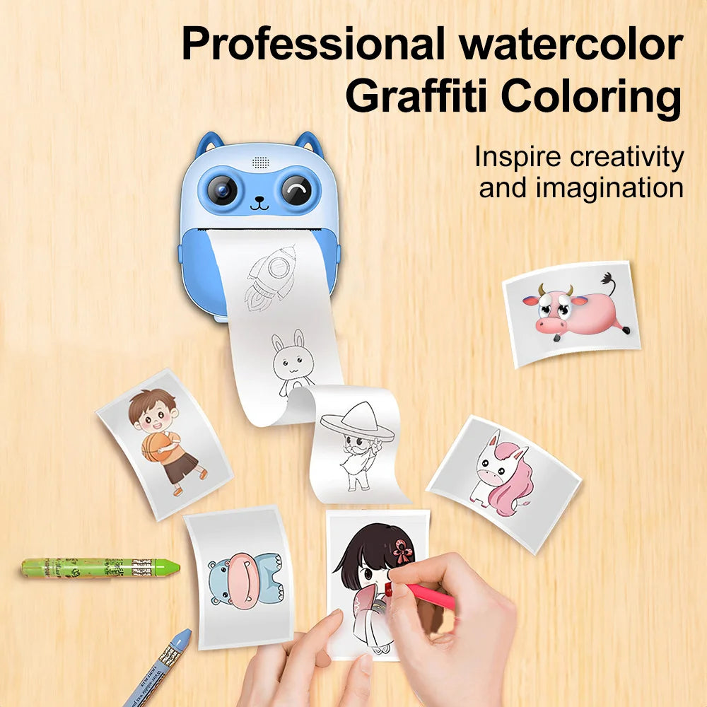 Momentinio spausdinimo skaitmeninis fotoaparatas – mažas nešiojamasis nuotraukų spausdintuvas su mielu animaciniu dizainu, momentiniu juodai baltu spausdinimu